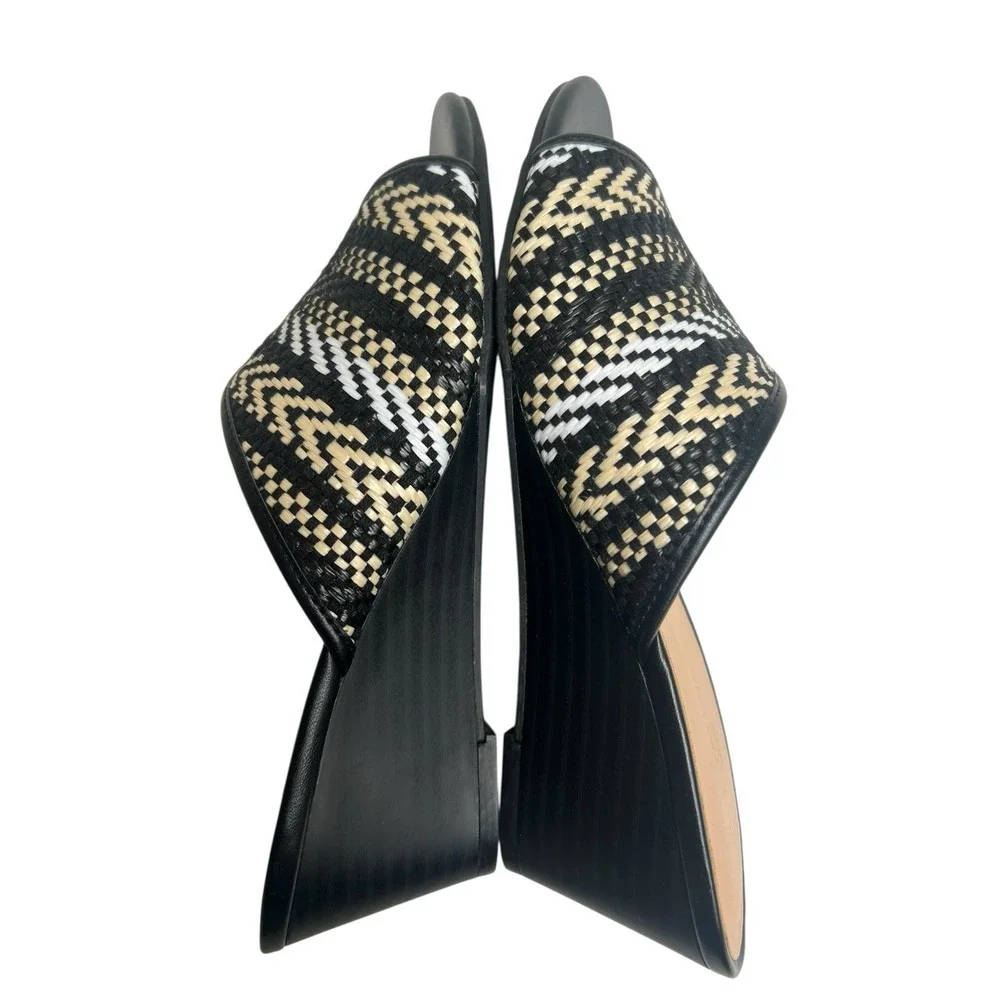 Ann Taylor Womens Black Woven Slip on Slides Open Toe Wedge Sandals Size 6M‎ EUC